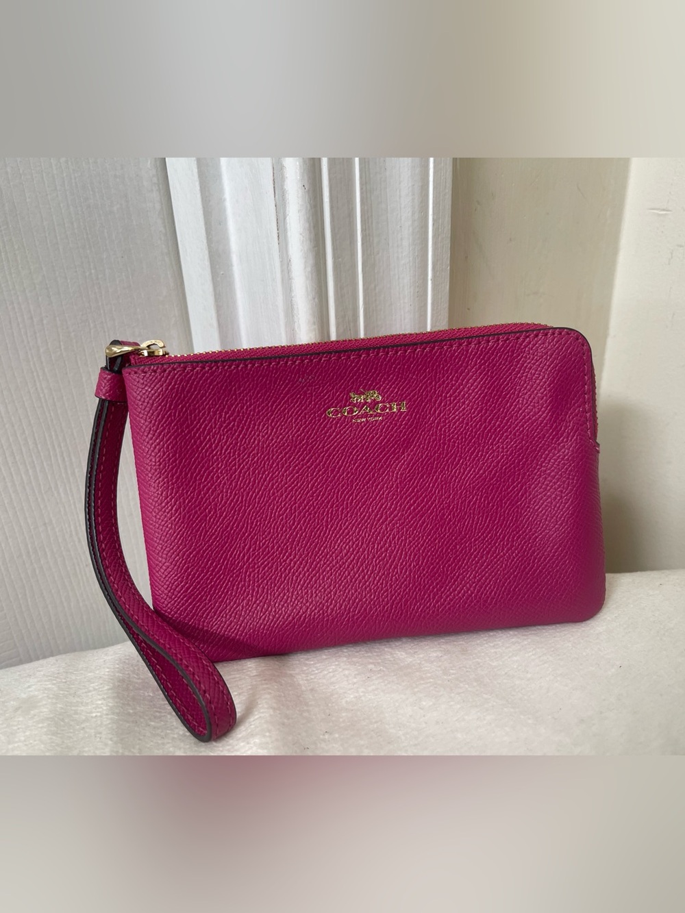Coach Pink Leather Wristlet Clutch with Gold Logo
